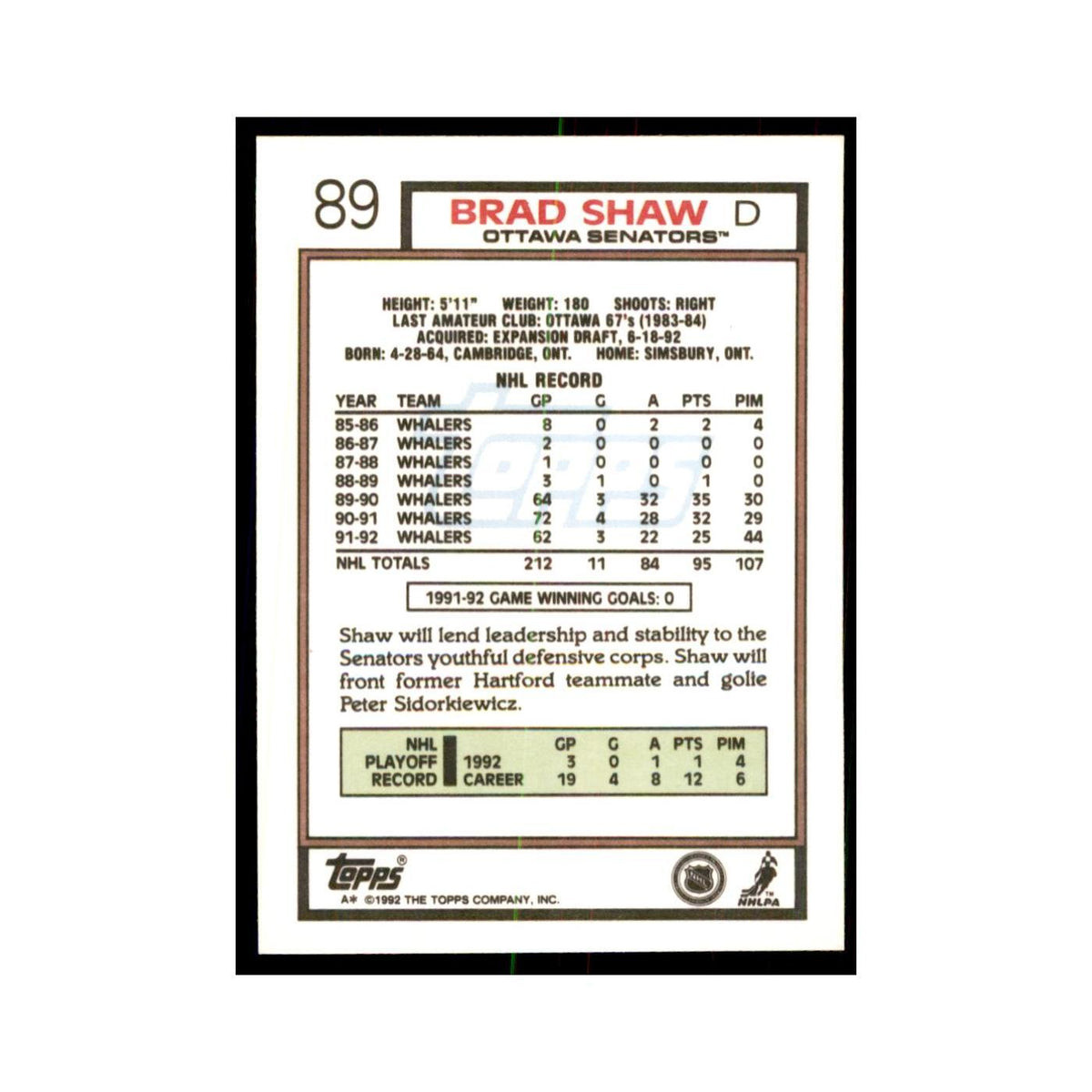 Brad Shaw 1992 Topps #89 Hockey Cards Hockey Card NM