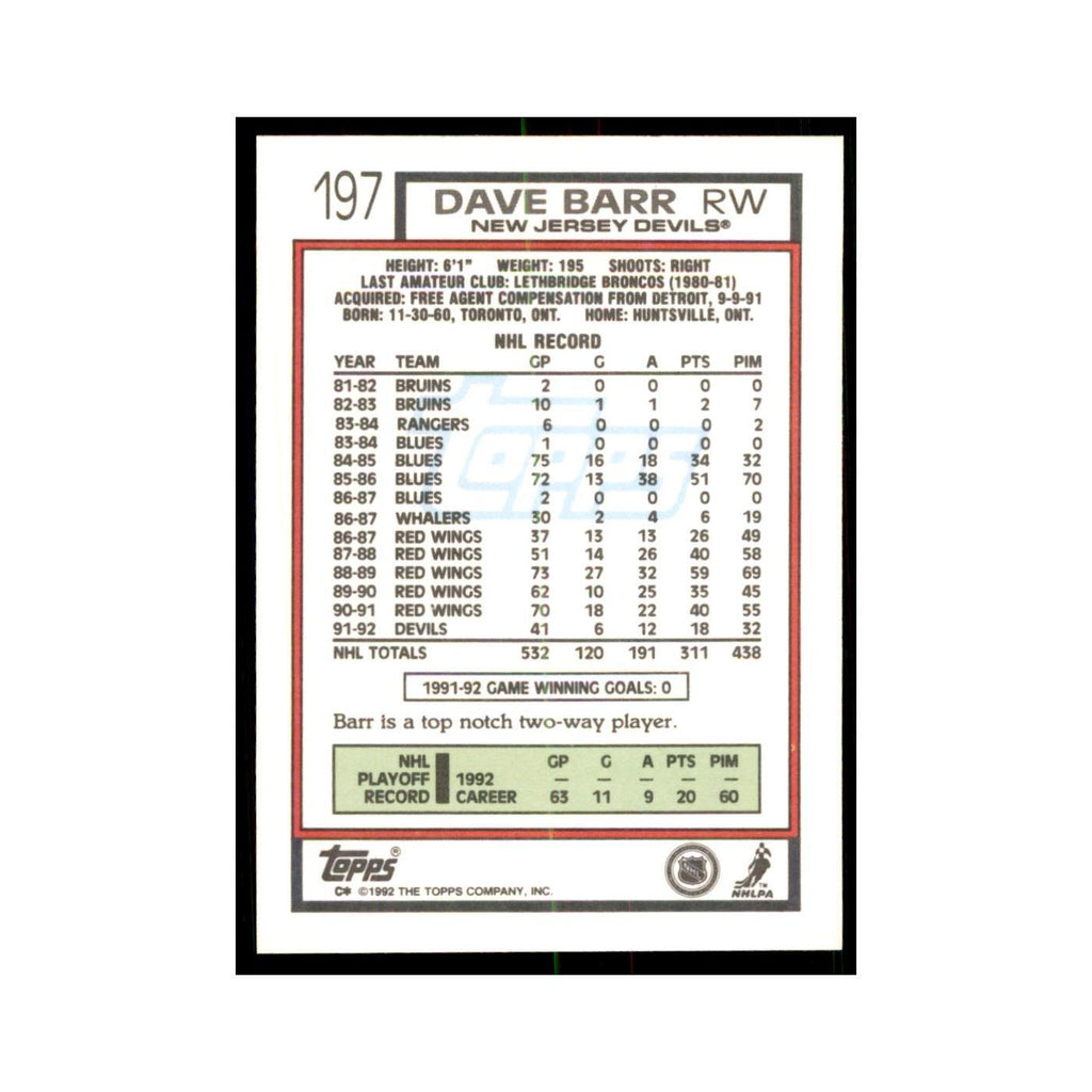 Dave Barr 1992 Topps #197 Hockey Cards Hockey Card NM