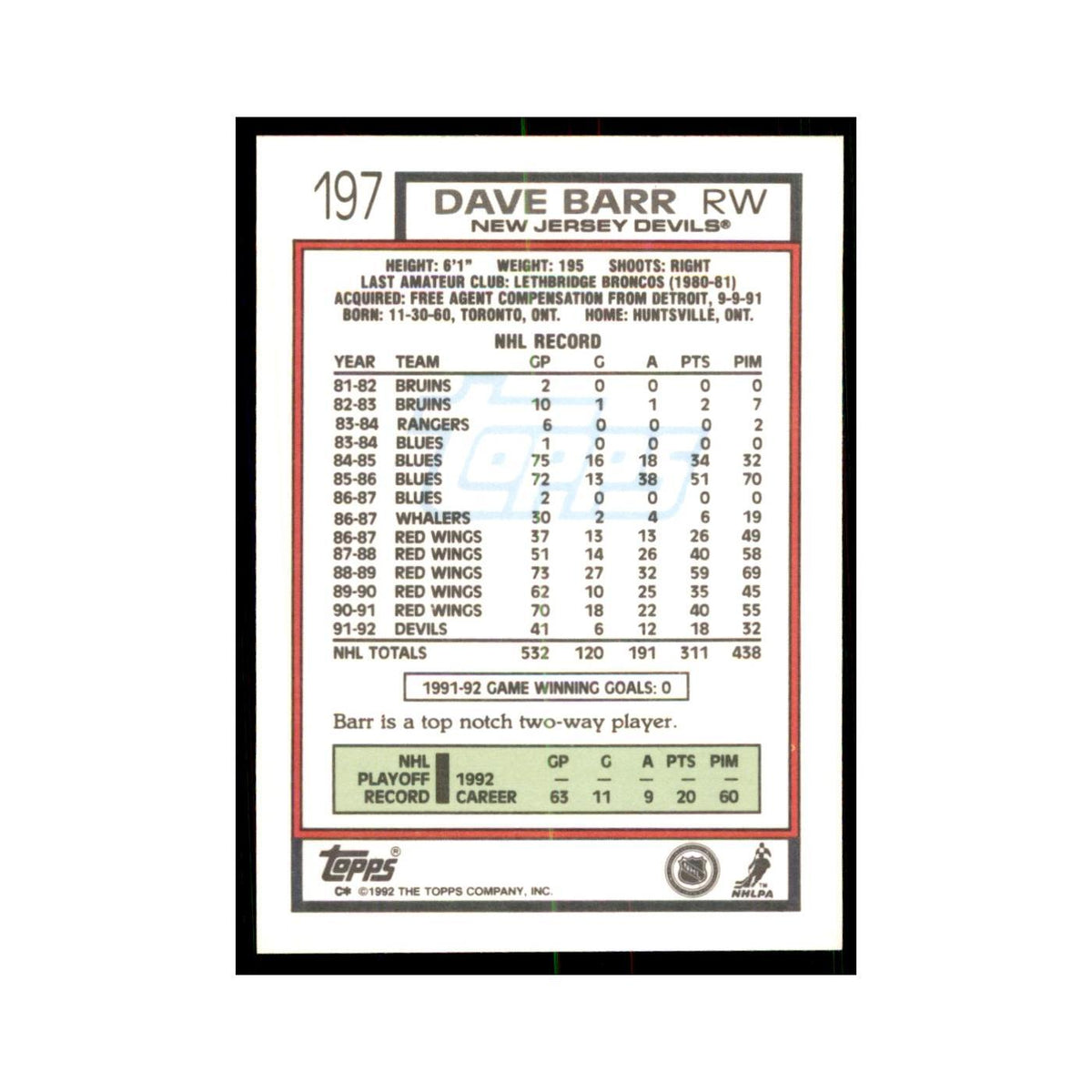 Dave Barr 1992 Topps #197 Hockey Cards Hockey Card NM
