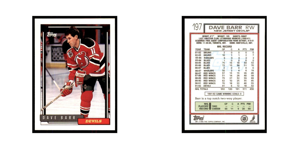 Dave Barr 1992 Topps #197 Hockey Cards Hockey Card NM