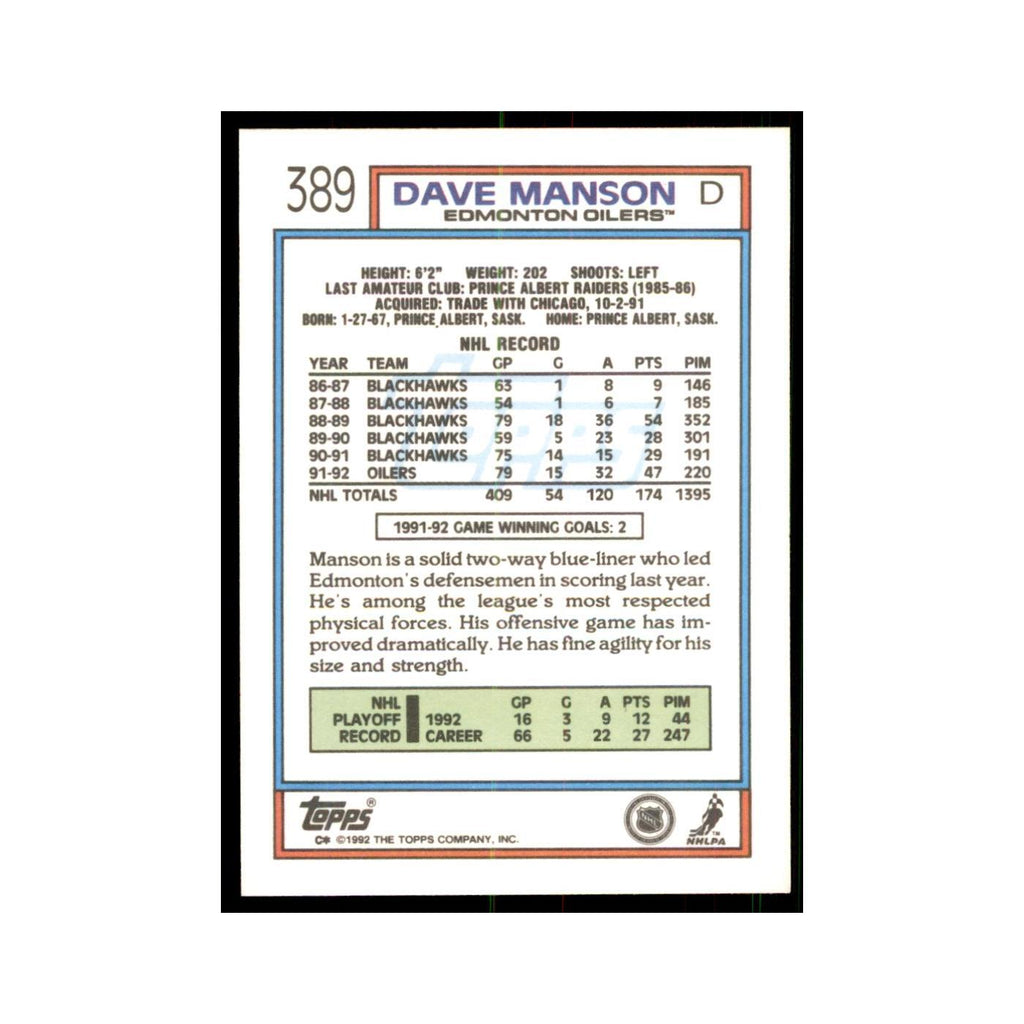 Dave Manson 1992 Topps #389 Hockey Cards Hockey Card NM