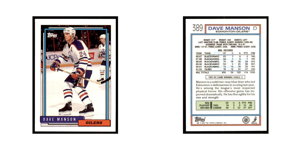 Dave Manson 1992 Topps #389 Hockey Cards Hockey Card NM