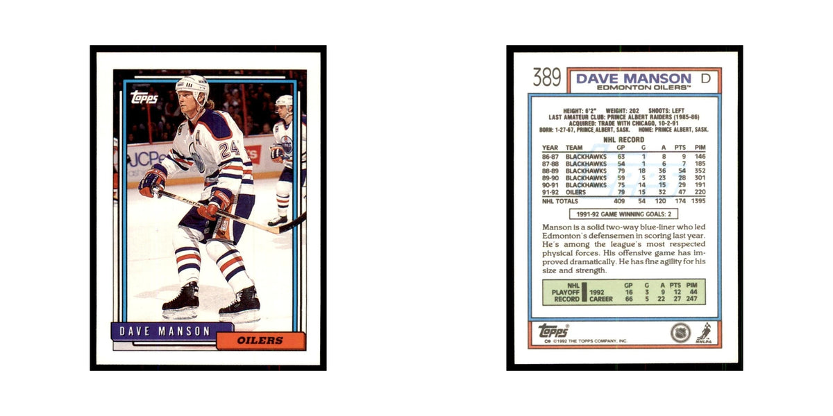 Dave Manson 1992 Topps #389 Hockey Cards Hockey Card NM