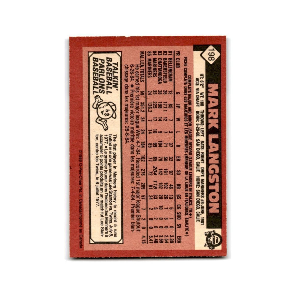 Mark Langston 1986 O-Pee-Chee #198 Seattle Mariners Baseball Card NM