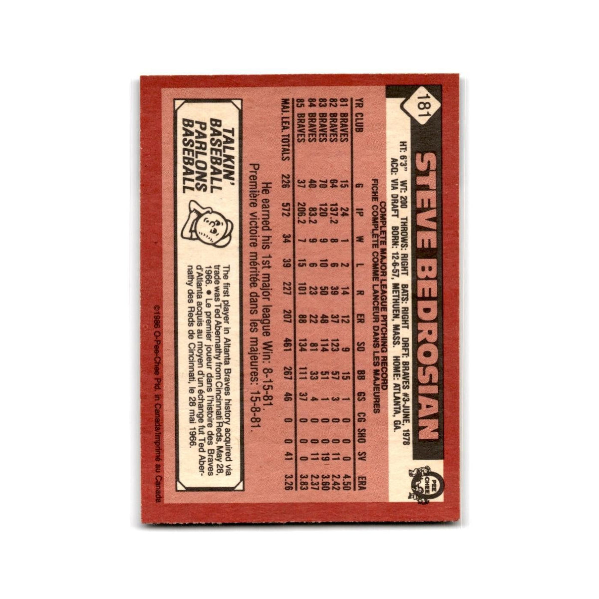Steve Bedrosian 1986 O-Pee-Chee #181 Philadelphia Phillies Baseball Card NM