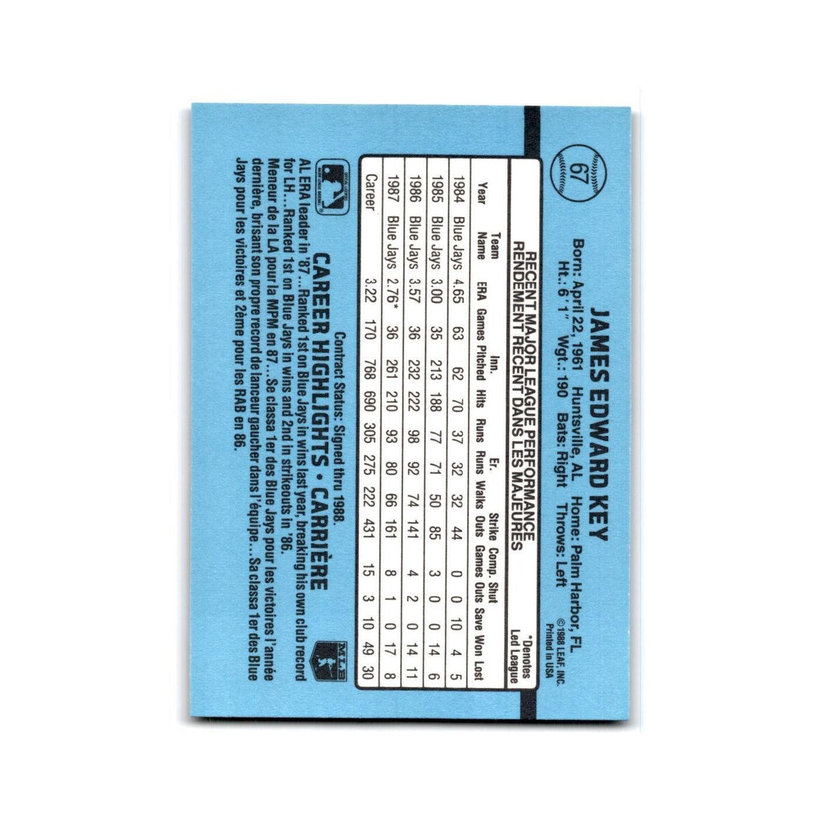 Jimmy Key 1988 Leaf #67 Toronto Blue Jays Baseball Card NM