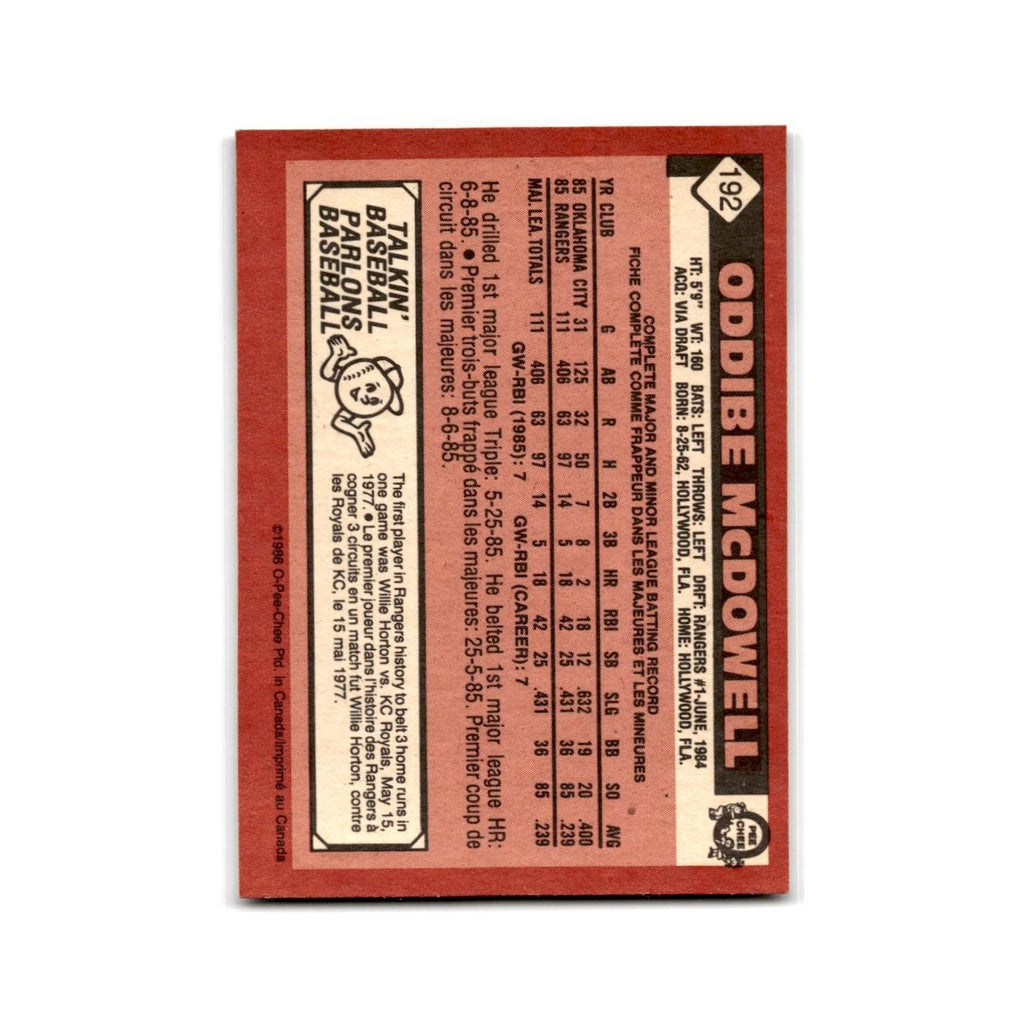 Oddibe McDowell 1986 O-Pee-Chee #192 Texas Rangers Baseball Card NM