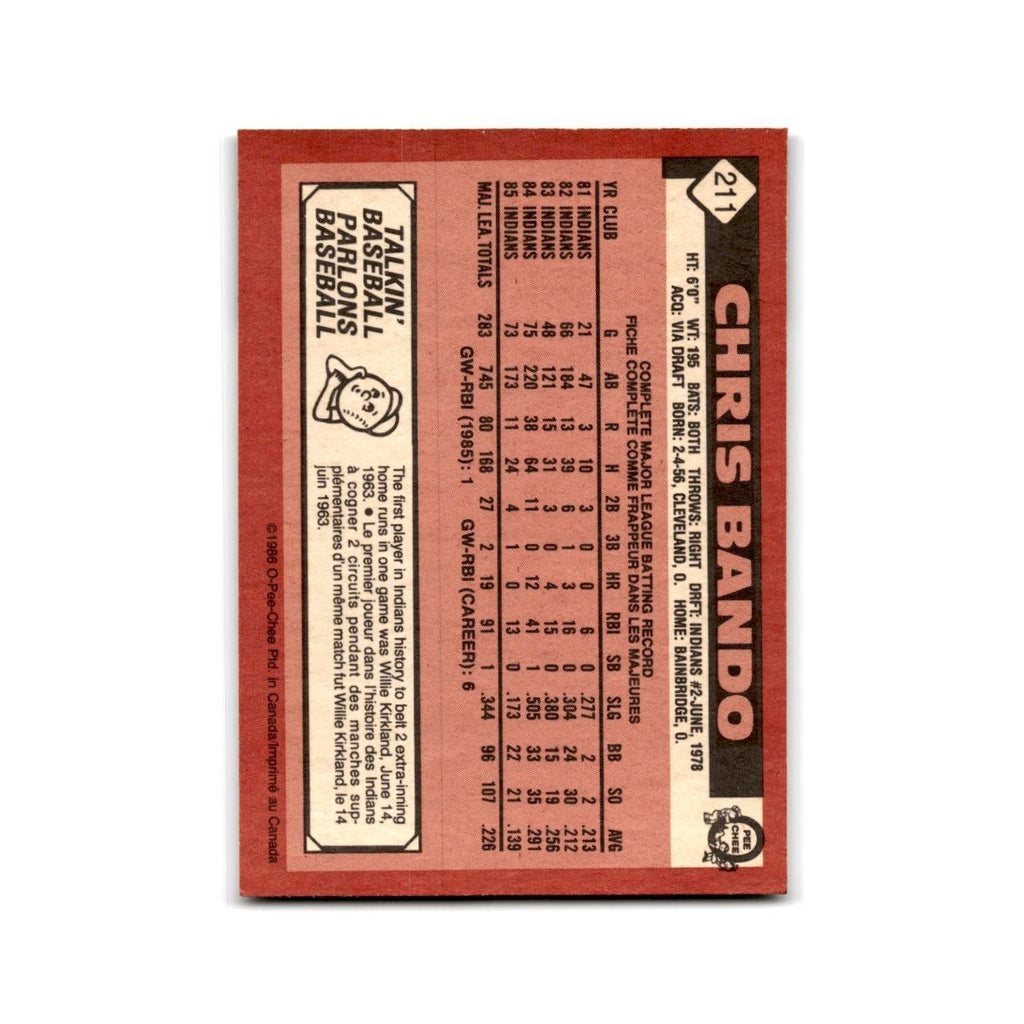 Chris Bando 1986 O-Pee-Chee #211 Cleveland Indians Baseball Card NM