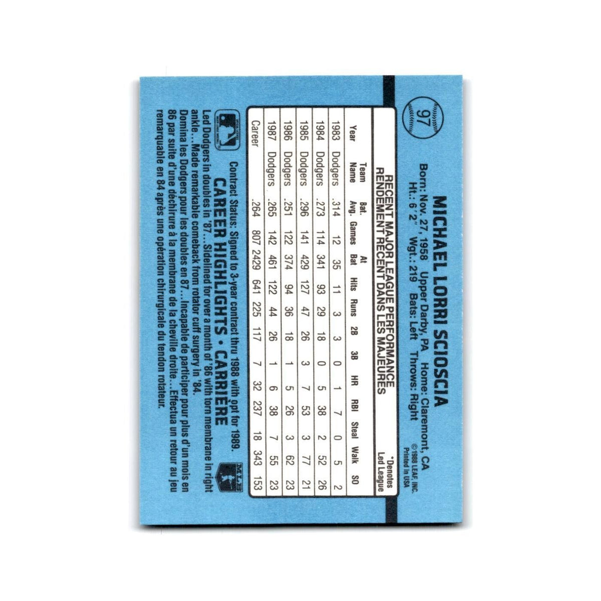 Mike Scioscia 1988 Leaf #97 Los Angeles Dodgers Baseball Card NM