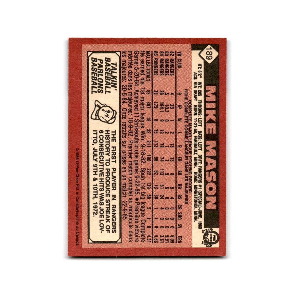 Mike Mason 1986 O-Pee-Chee #189 Texas Rangers Baseball Card NM