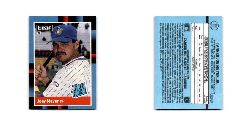 Joey Meyer Rookie 1988 Leaf #36 Milwaukee Brewers Baseball Card NM