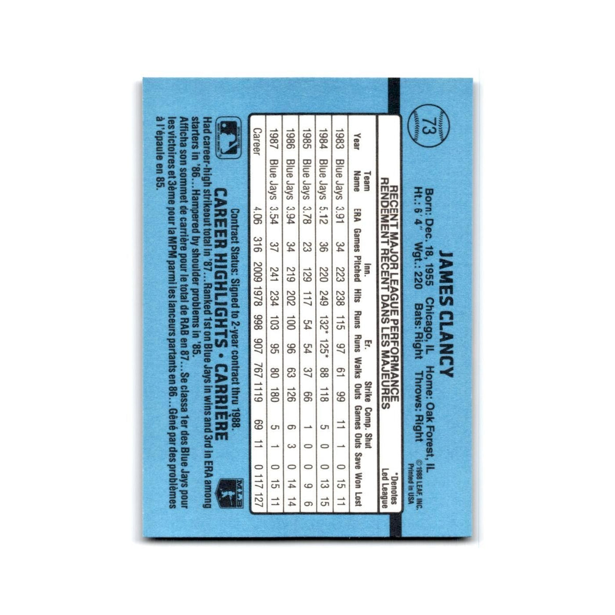 Jim Clancy 1988 Leaf #73 Toronto Blue Jays Baseball Card NM