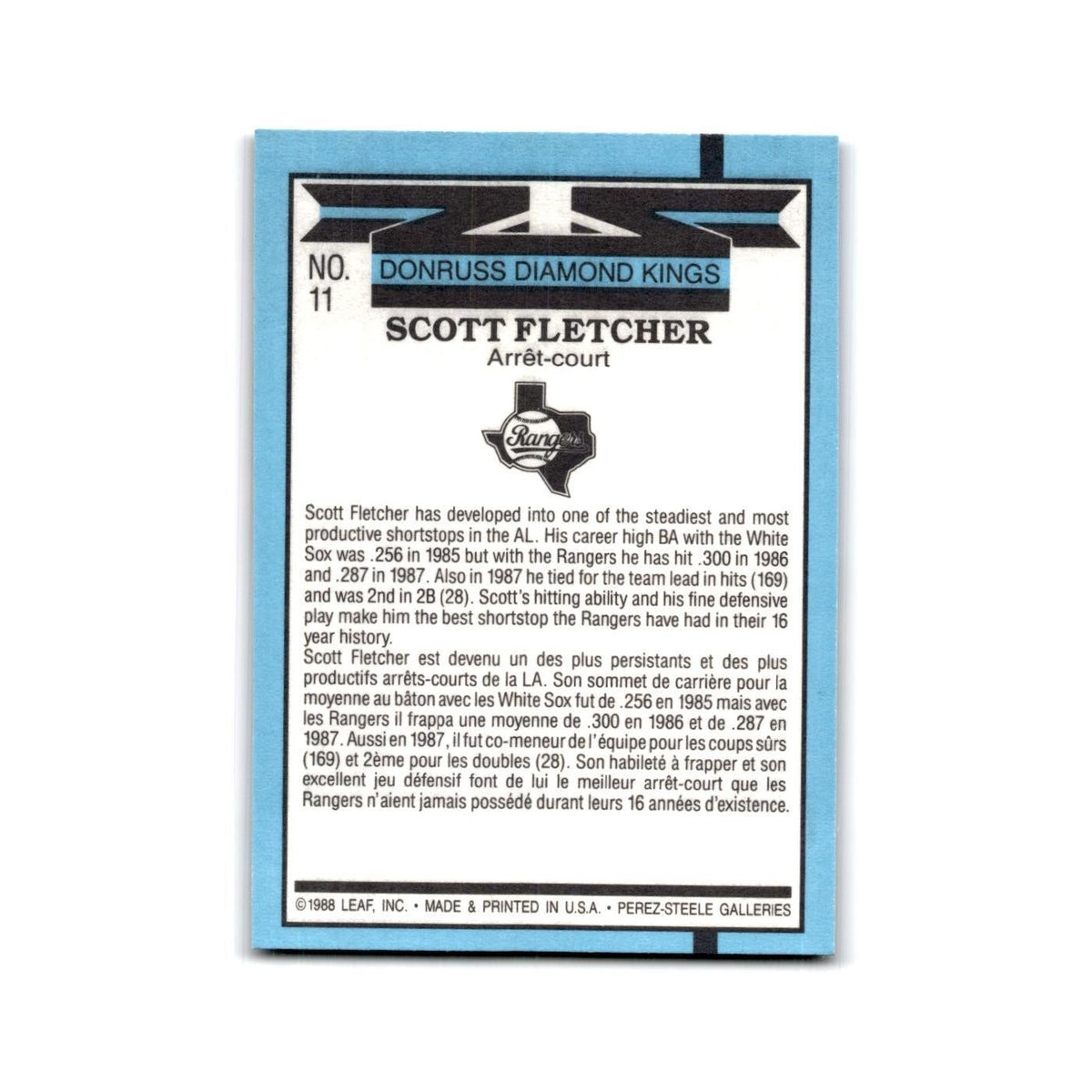 Scott Fletcher 1988 Leaf #11 Texas Rangers Baseball Card NM