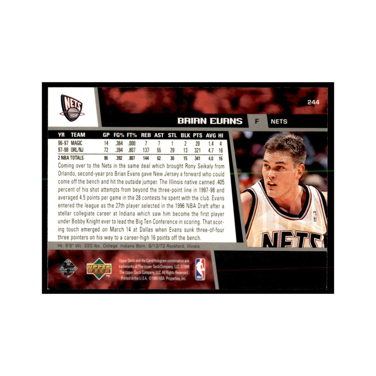 1998 Upper Deck Brian Evans Basketball Cards #244