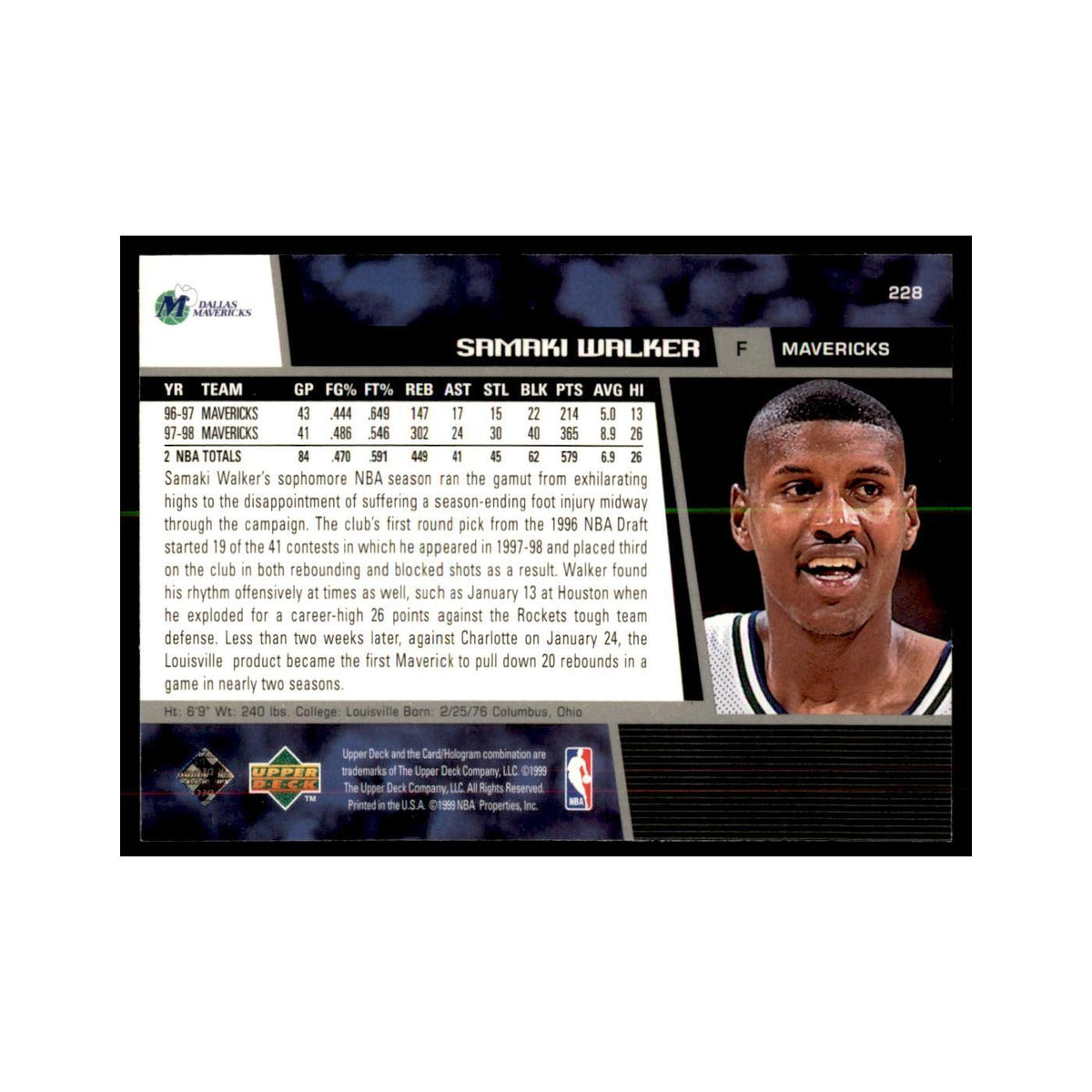 1998 Upper Deck Samaki Walker Basketball Cards #228