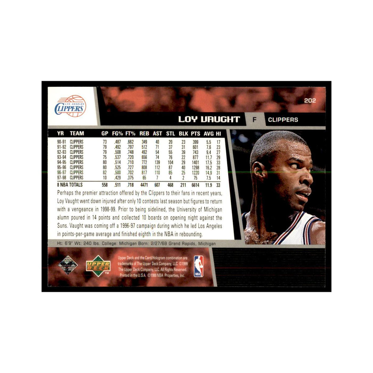 1998 Upper Deck Loy Vaught Basketball Cards #202