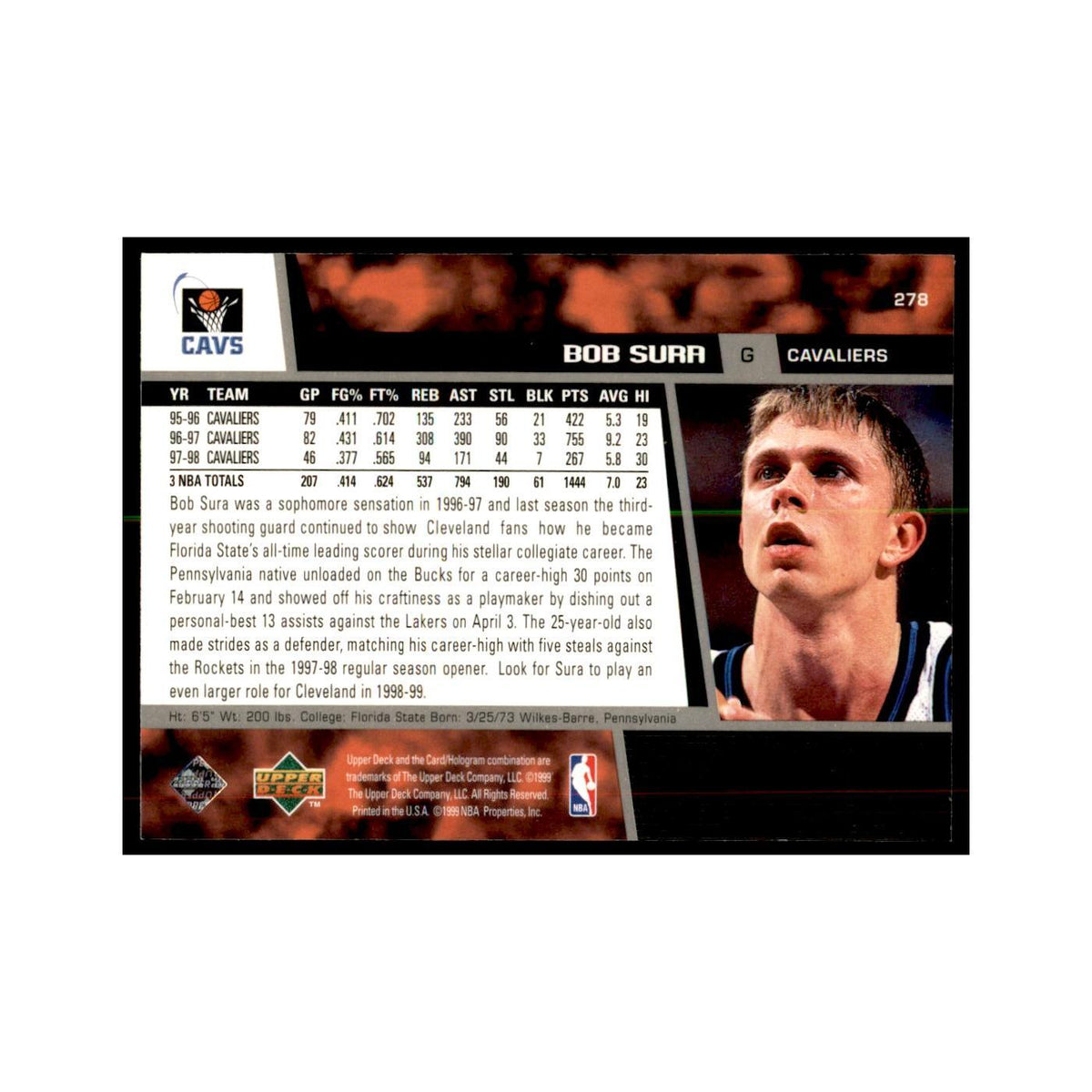 1998 Upper Deck Bob Sura Basketball Cards #278