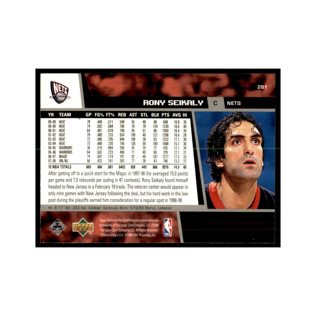 1998 Upper Deck Rony Seikaly Basketball Cards #281