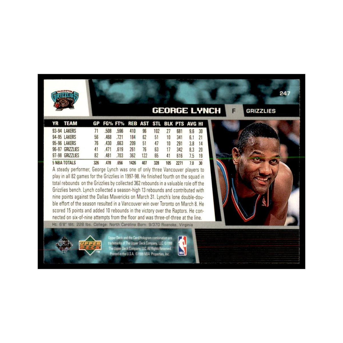 1998 Upper Deck George Lynch Basketball Cards #247