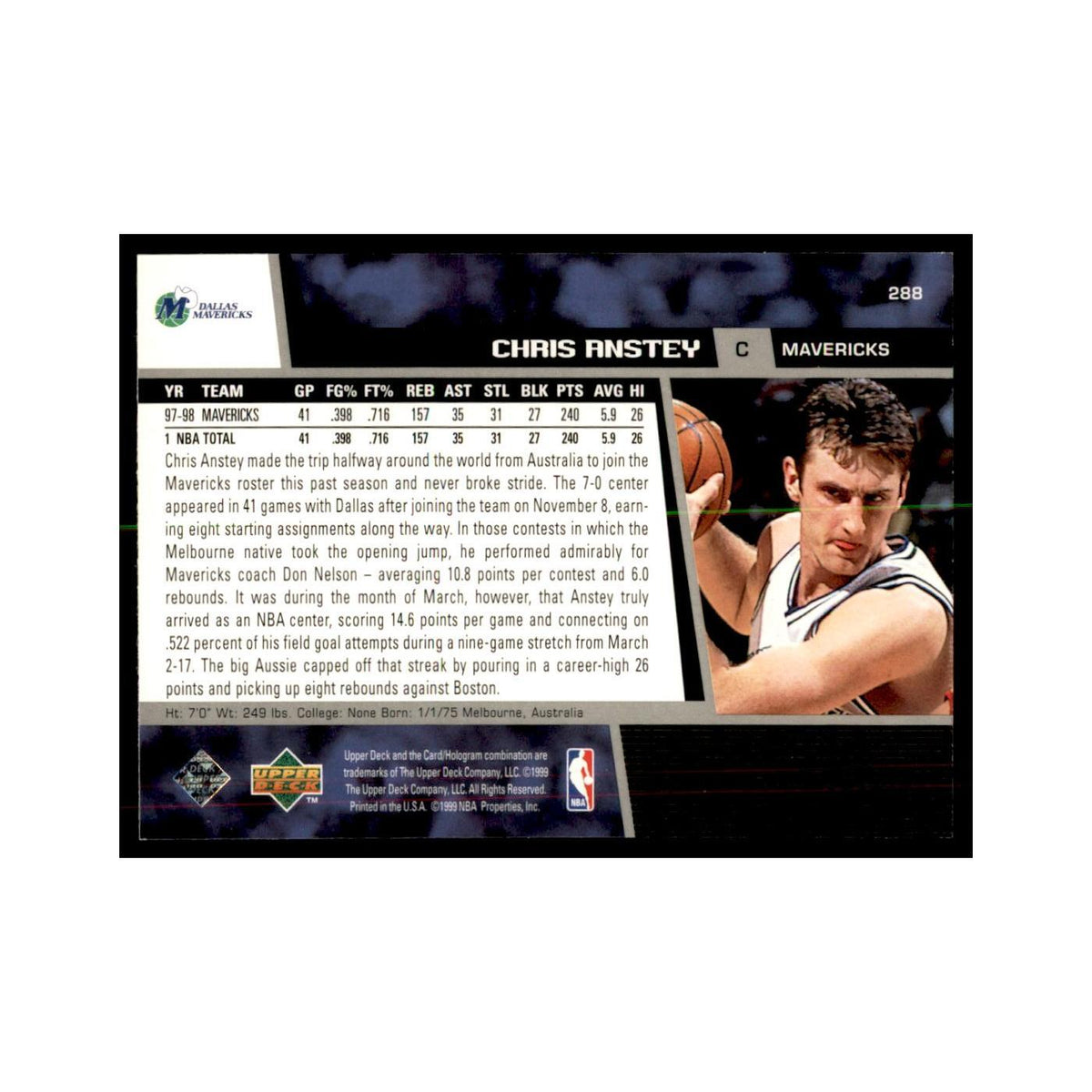 1998 Upper Deck Chris Anstey Basketball Cards #288