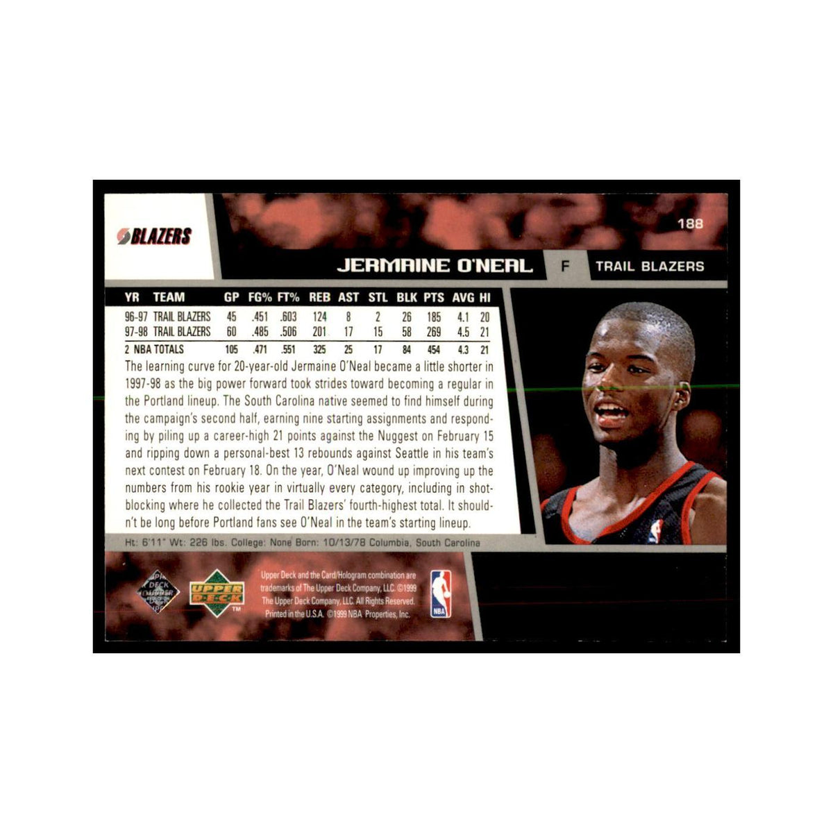 1998 Upper Deck Jermaine O'Neal Basketball Cards #188