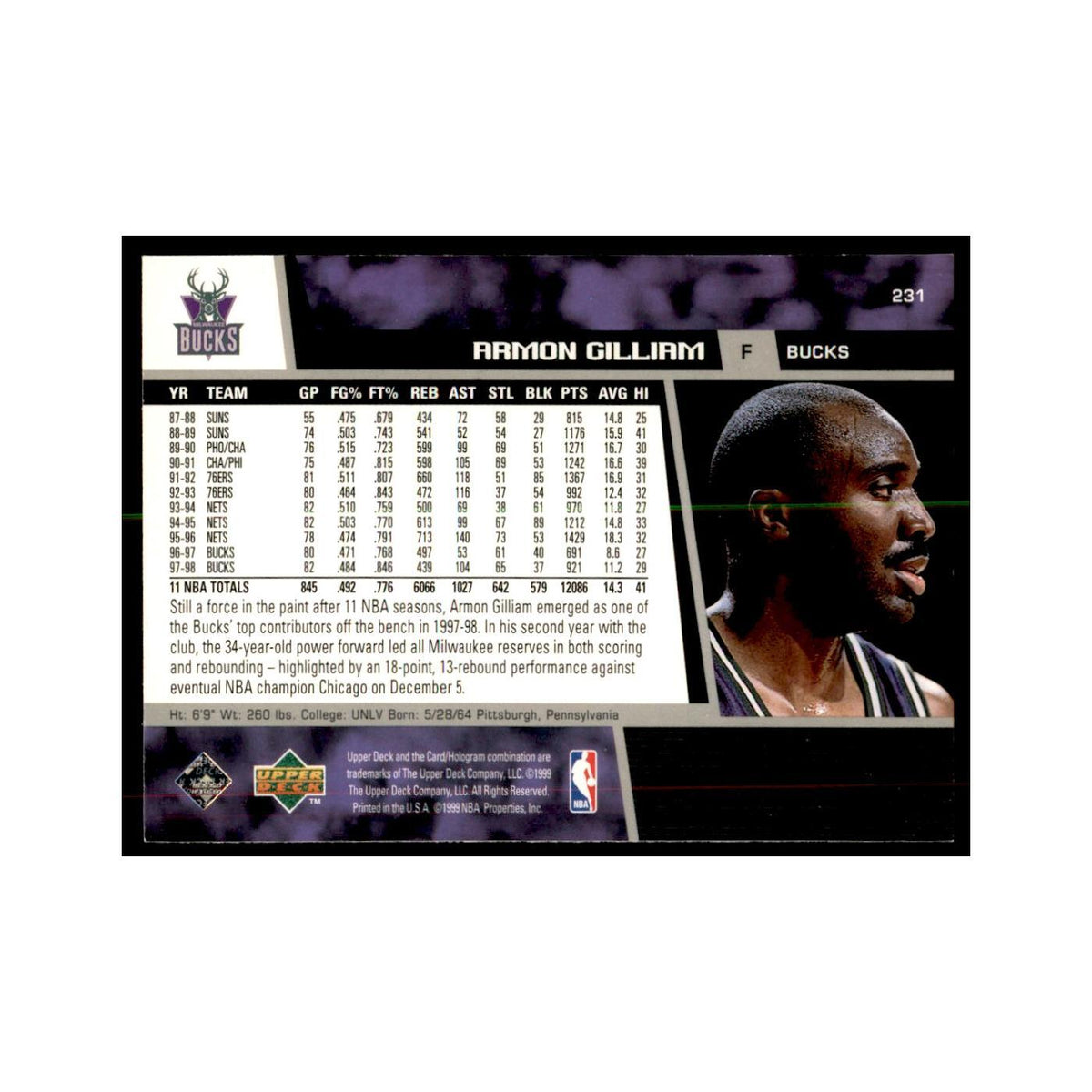 1998 Upper Deck Armon Gilliam Basketball Cards #231