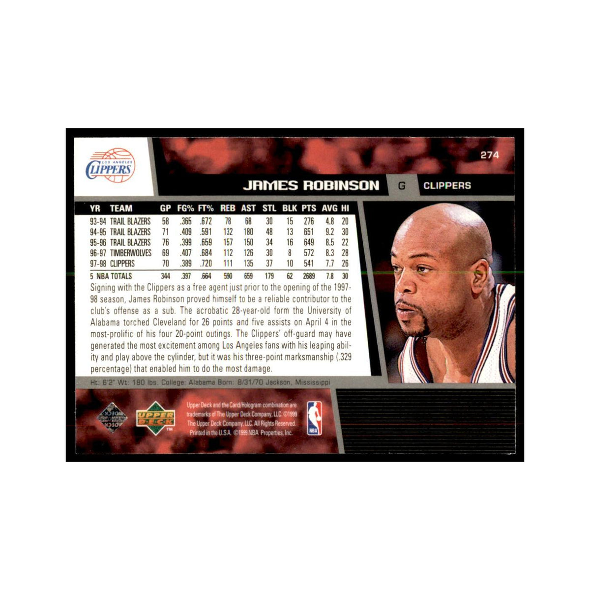1998 Upper Deck James Robinson Basketball Cards #274