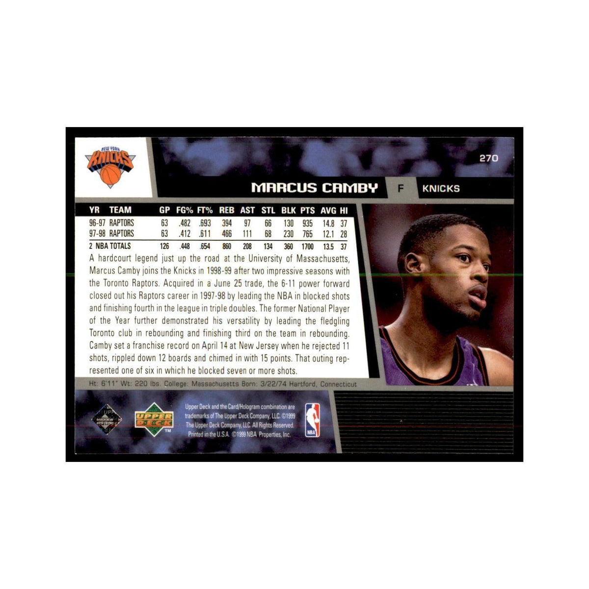 1998 Upper Deck Marcus Camby Basketball Cards #270