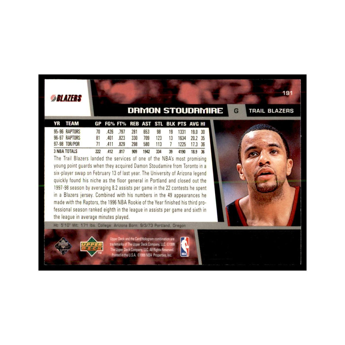 1998 Upper Deck Damon Stoudamire Basketball Cards #191