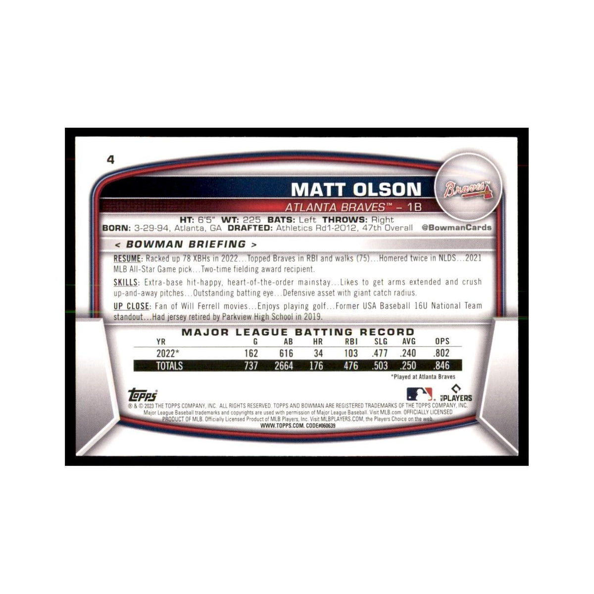 2023 Bowman Matt Olson Baseball Cards #4