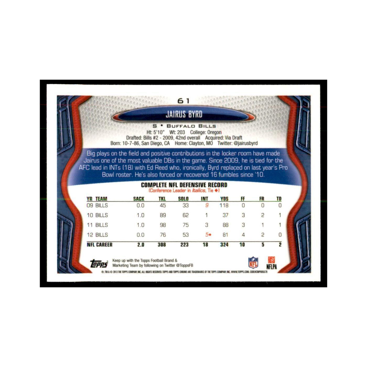 2013 Topps Chrome Jairus Byrd Football Cards #61