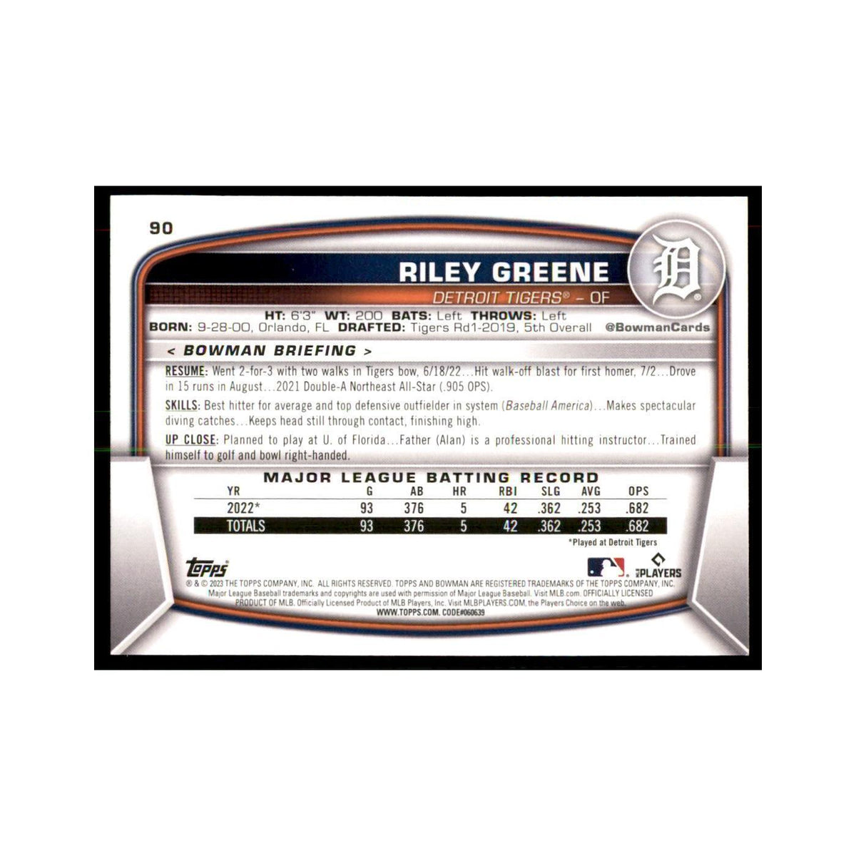 2023 Bowman Riley Greene RC Baseball Cards #90