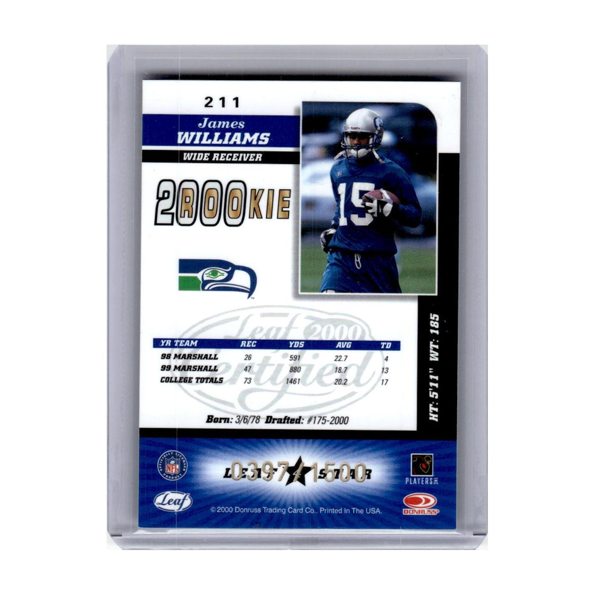 2000 Leaf Certified James Williams /1500 Seahawks #211