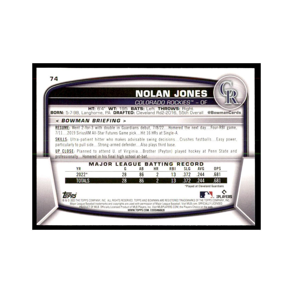 2023 Bowman Nolan Jones RC Baseball Cards #74