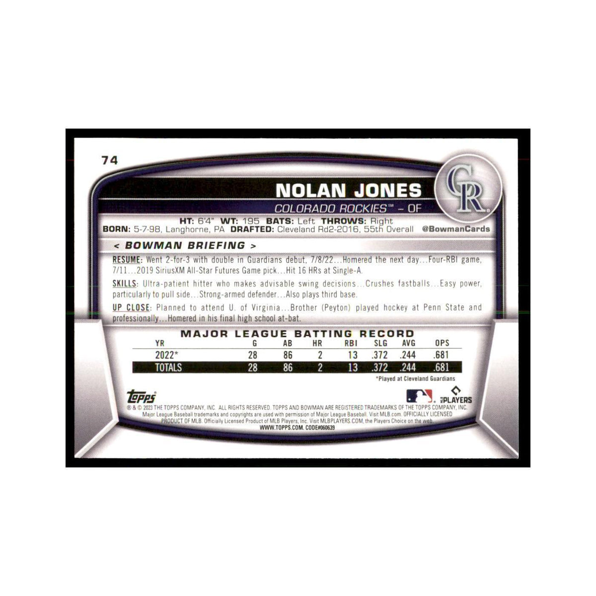 2023 Bowman Nolan Jones RC Baseball Cards #74