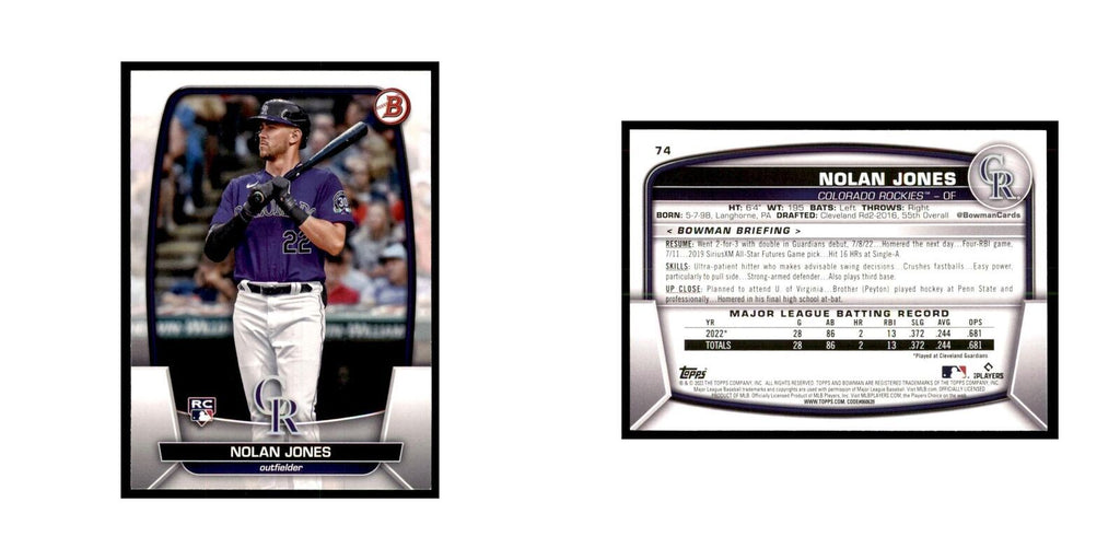 2023 Bowman Nolan Jones RC Baseball Cards #74