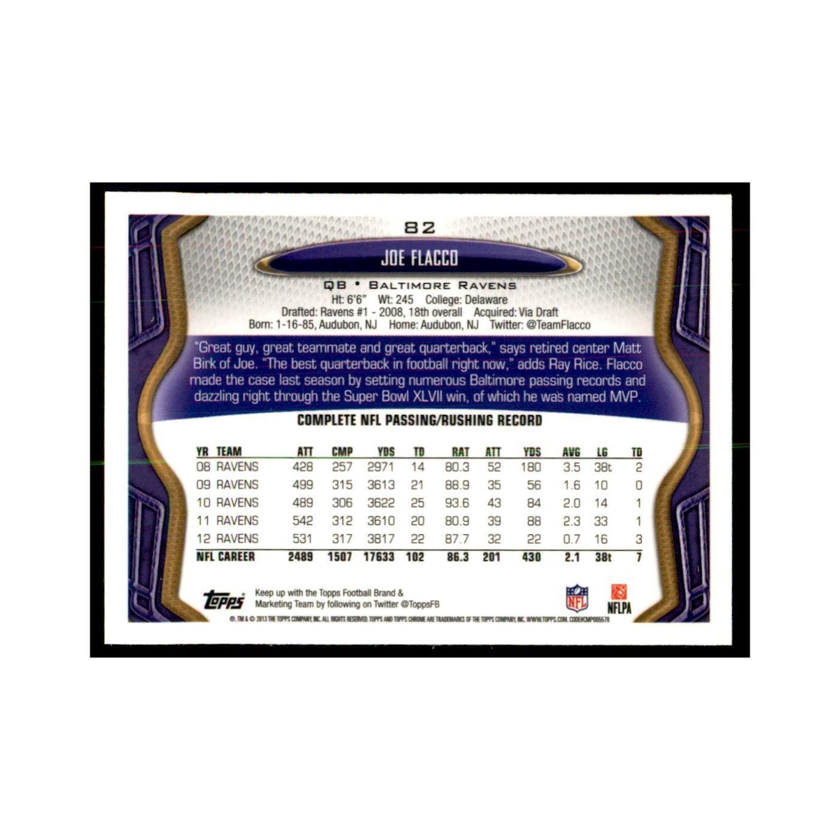 2013 Topps Chrome Joe Flacco Football Cards #82