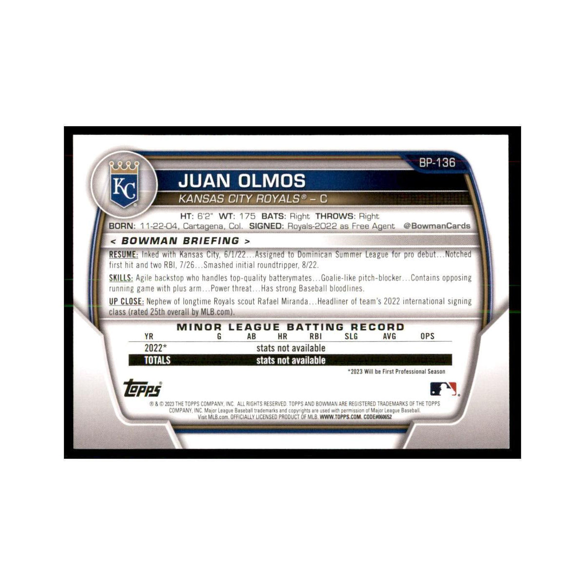 2023 Bowman Juan Olmos Bowman 1st Baseball Cards #BP-136