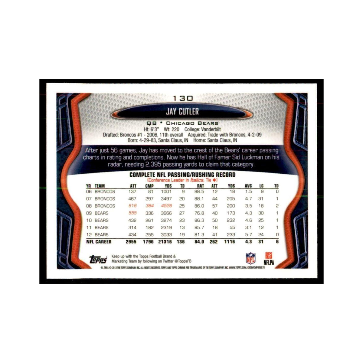 2013 Topps Chrome Jay Cutler Football Cards #130