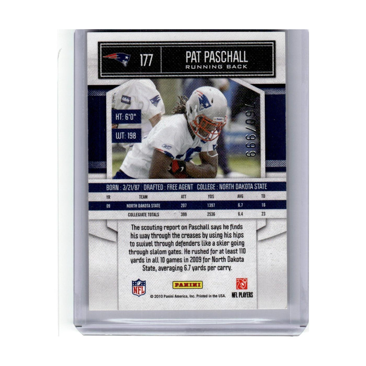 2010 Panini Classics Pat Paschall 760/999 Patriots #177