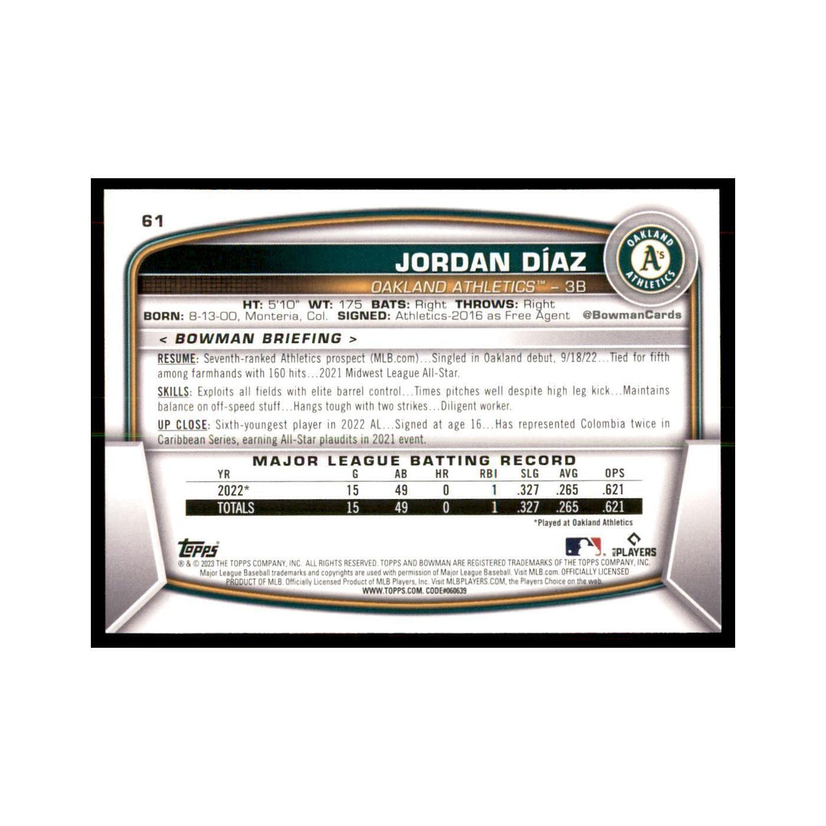 2023 Bowman Jordan Diaz RC Baseball Cards #61