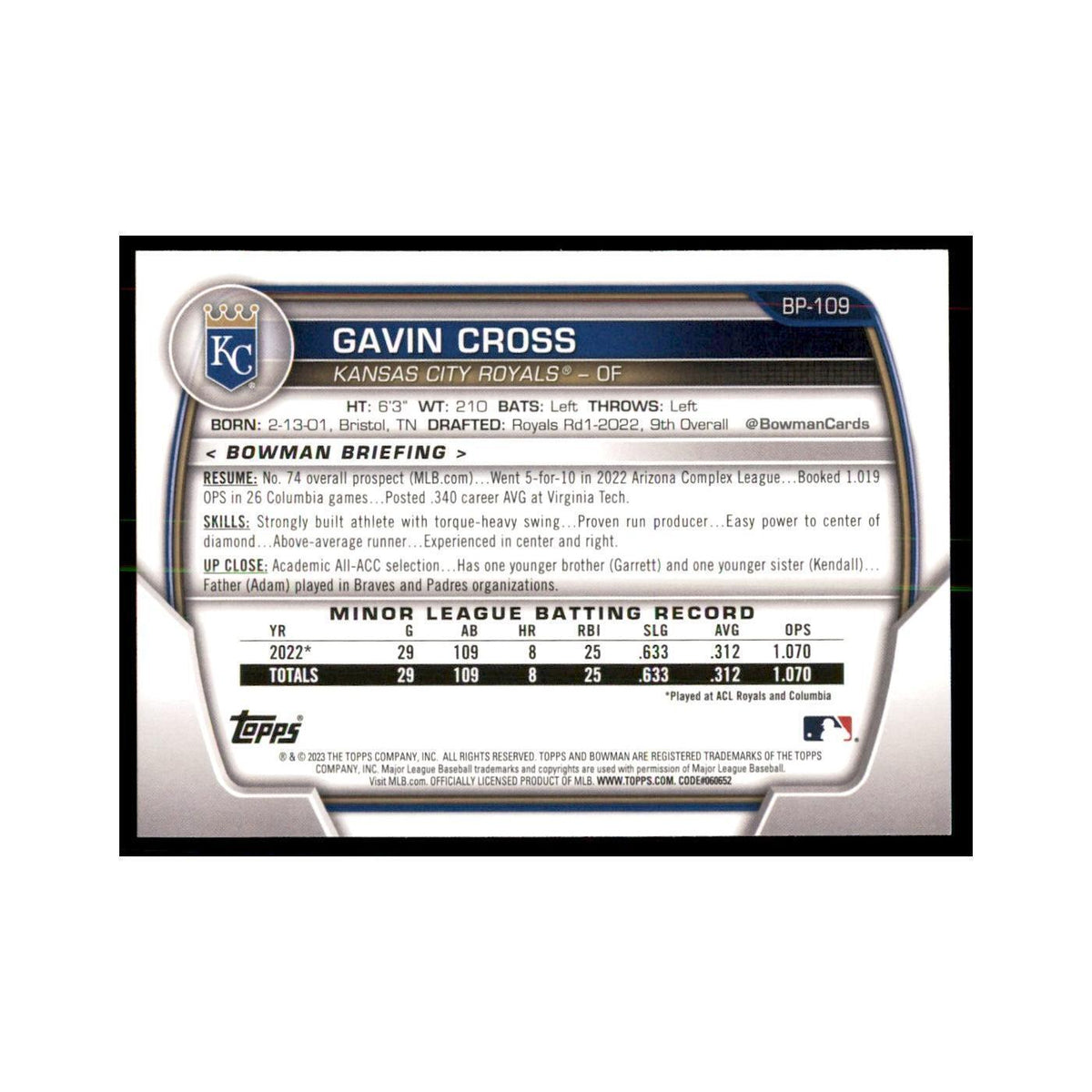 2023 Bowman Gavin Cross Baseball Cards #BP-109