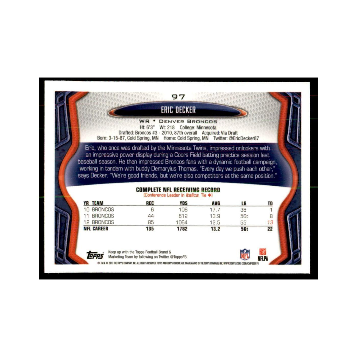 2013 Topps Chrome Eric Decker Football Cards #97