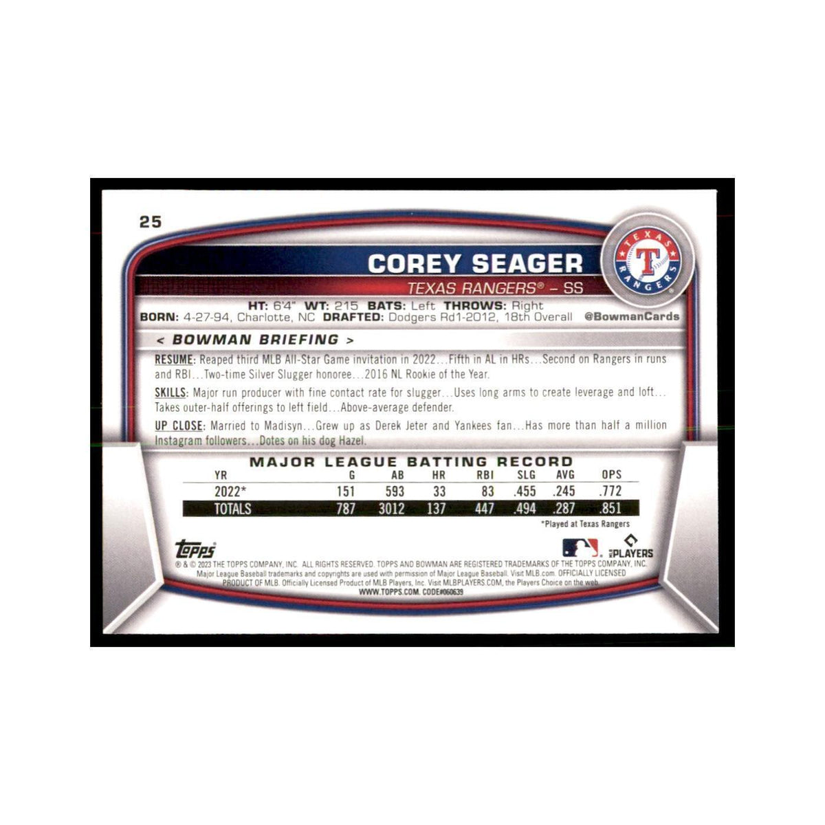 2023 Bowman Corey Seager Baseball Cards #25