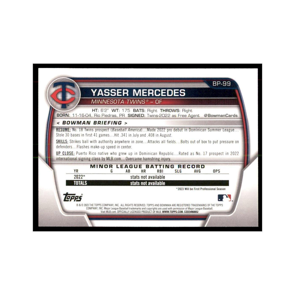 2023 Bowman Yasser Mercedes Baseball Cards #BP-99
