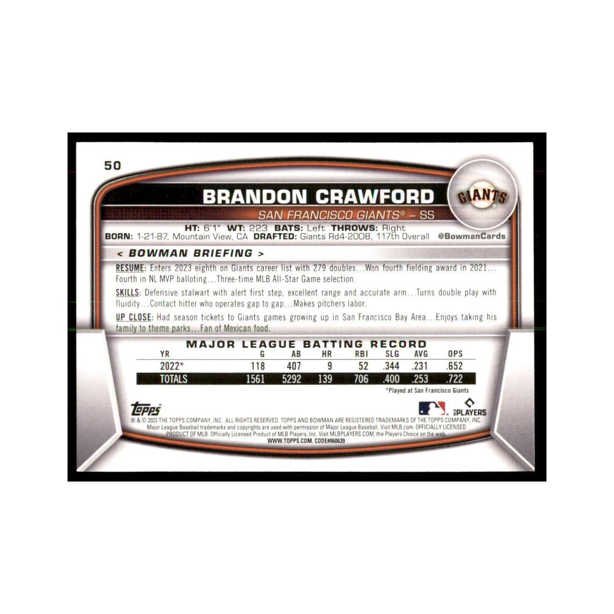 2023 Bowman Brandon Crawford Baseball Cards #50