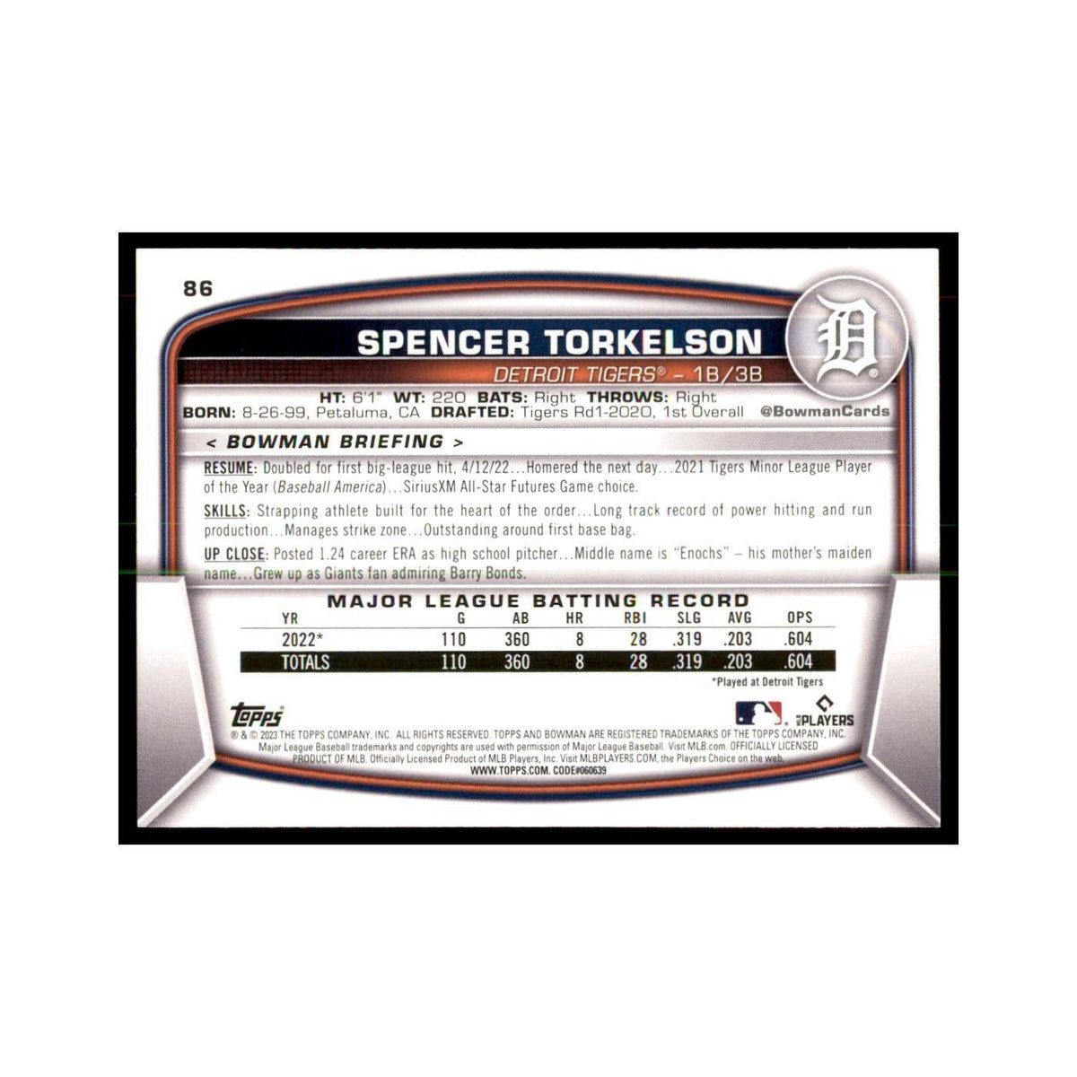 2023 Bowman Spencer Torkelson Baseball Cards #86