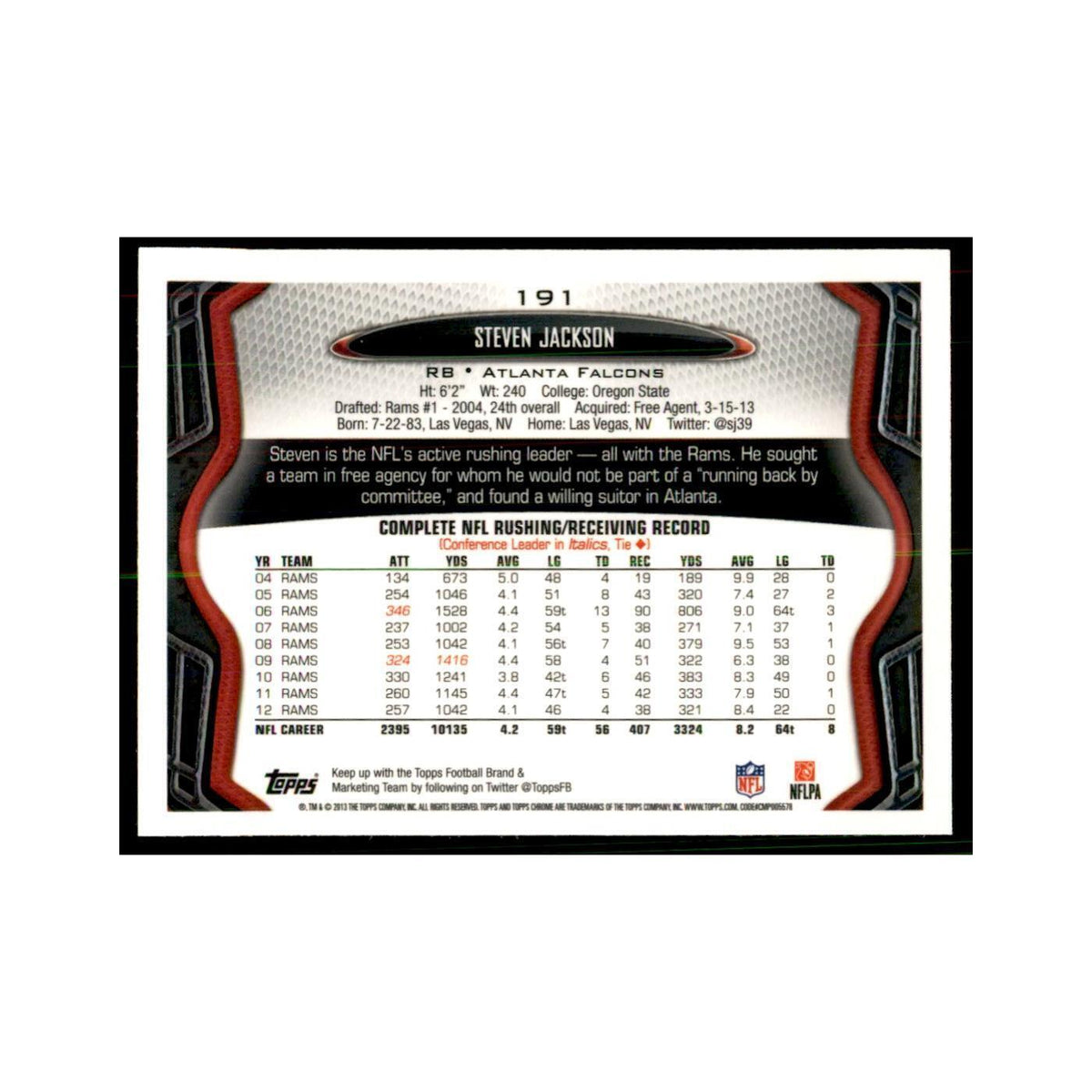 2013 Topps Chrome Steven Jackson Football Cards #191