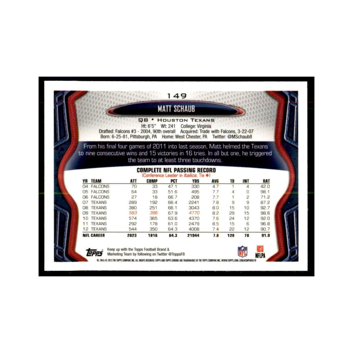 2013 Topps Chrome Matt Schaub Football Cards #149