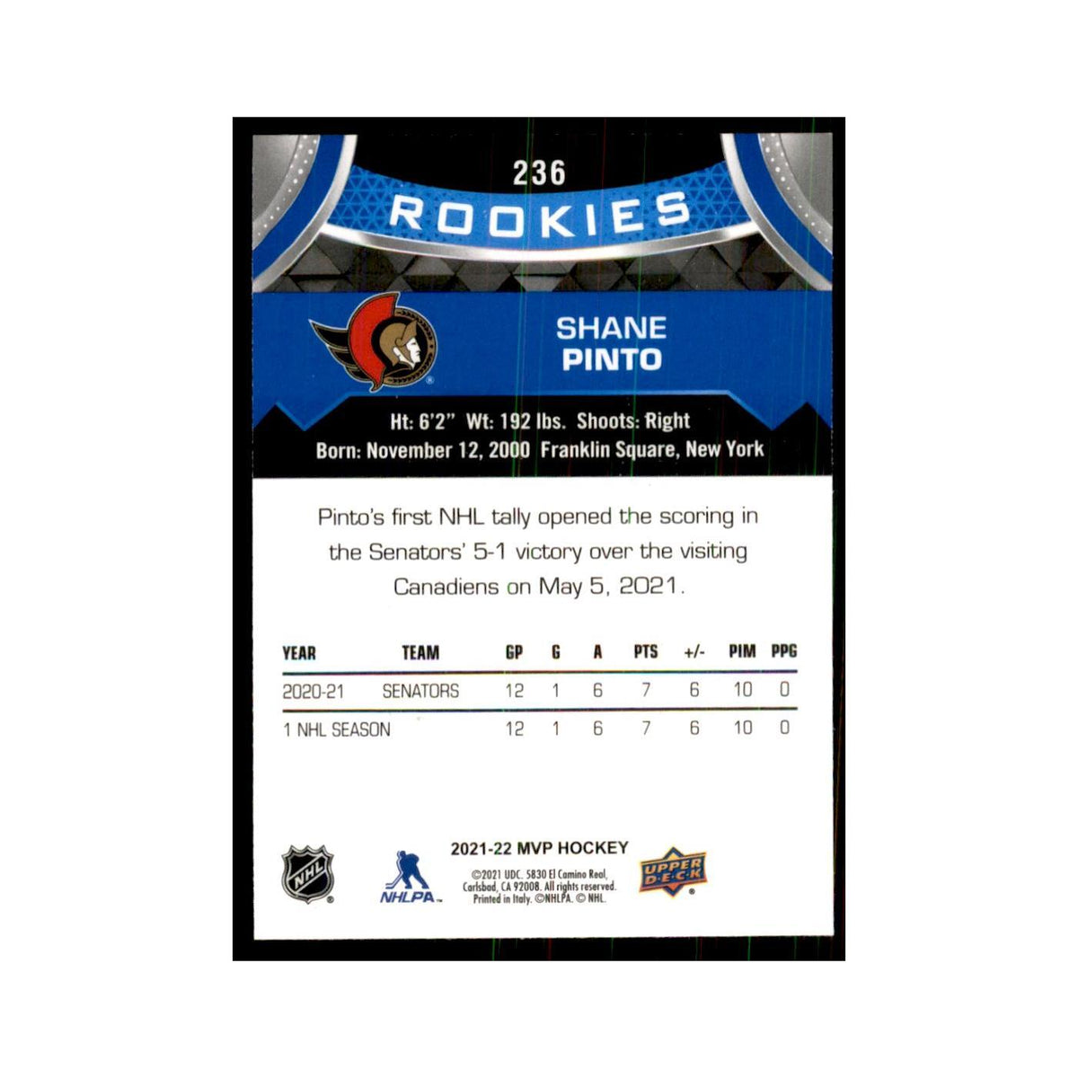 Shane Pinto Rookie 2021 Upper Deck MVP #236 Hockey Cards Hockey Card NM